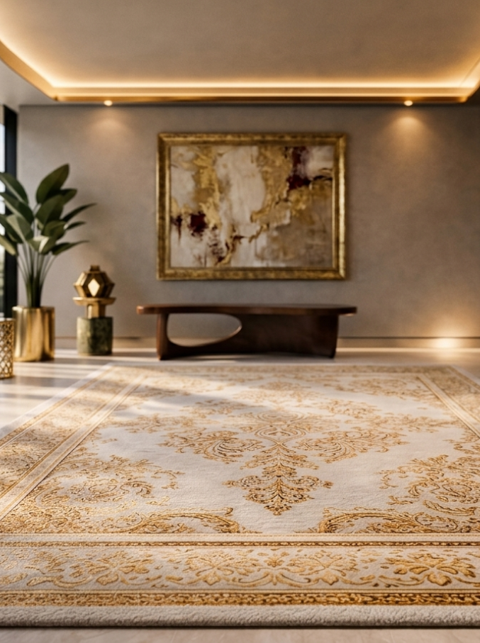 Hochwertiger Designerteppich in luxuriösem Wohnzimmer – professionelle Teppichreinigung Hamburg